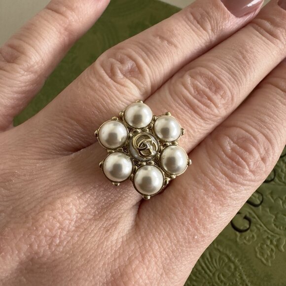 NEW GUCCI Ring Pearl Double G GG Logo Gold Sz L 100% Authentic - Picture 5 of 9